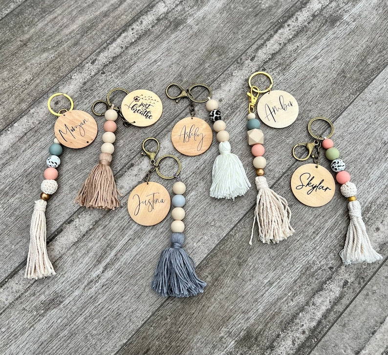 Personalized boho keychain, soft bead keychain, gifts for her, New driver gifts, personalized gifts, diaper bag tag, backpack tag, purse tag